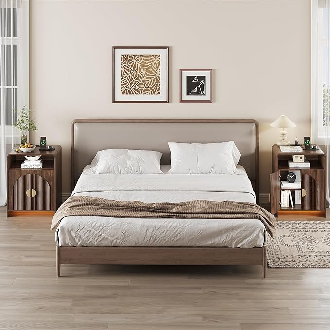 Nightstand with Charging Station and LED Lights, Night Stands with Adjustable Storage Cabinet, Modern Side Table with Fluted Doors and Open Storage, Bedside Table for Bedroom, Walnut
