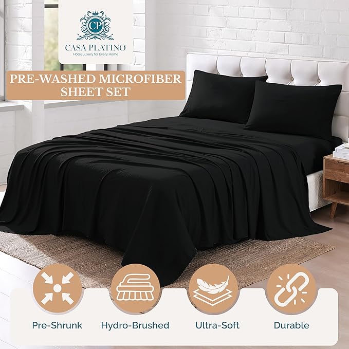 Casa Platino Twin XL Sheets, 3 Piece Set, Pre-Washed Ultra Soft & Breathable Bed Sheets Set, Brushed Microfiber Twin XL Bedding Sets, Twin XL Size Sheets with 15 inch Deep Pockets - Black