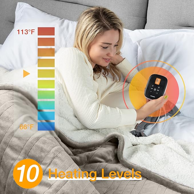 WOOMER [5-Year Warranty Electric Blanket Twin Size,Durable Flannel and Soft Sherpa,Dual Control,62”×84” Heated Throw Blanket, 10 Heat Levels&0.5-12h auto-Off,Energy Efficient,ETL Certified
