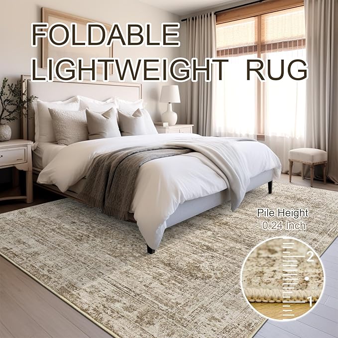 9x12 Area Rugs for Living Room, Non Slip Machine Washable Vintage Rugs, Low Pile Lightweight Large Rug for Bedroom, Dining Room, Home Office Brown
