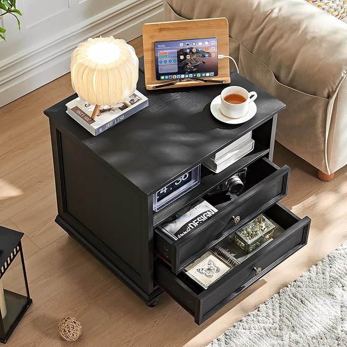 24" Wide Farmhouse Nightstand with Charging Station, End Table with 2 Drawers, Black Wood Dresser for Bedroom Cabinet, Bed Side Table Chest of Drawers, Night Stand for Living Room, Closet