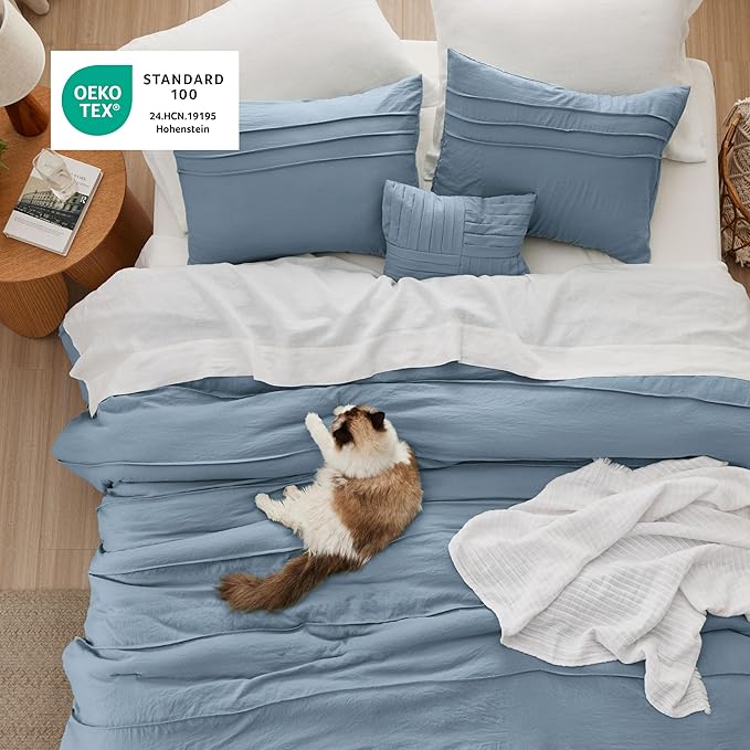 Bedsure California King Comforter Set - 4 Pieces Pinch Pleat Bed Set, Light Blue Boho Bedding for All Season, 1 Soft Comforter, 2 Pillowcases, 1 Decorative Pillow