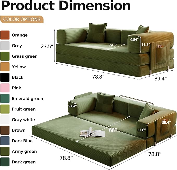 78.8" Convertible Sofa Bed,Corduroy Futon Couch with Storage Pocket,Folding Pull Out Futon Sofa,No Assembly Boneless Couch for Living Room,Green