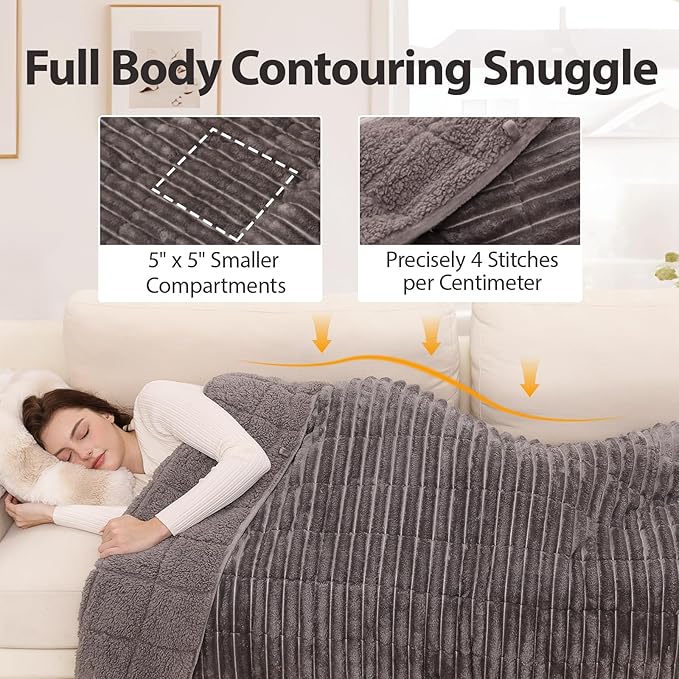 Sherpa Fleece Weighted Blanket with 3D Ribbed Stripes, 15 lbs Soft Flannel Heavy Throw Blanket for Couch Bed Sofa, Heavy Thick Blankets with Ceramic Beads, Great for Sleep, 48" x 72"