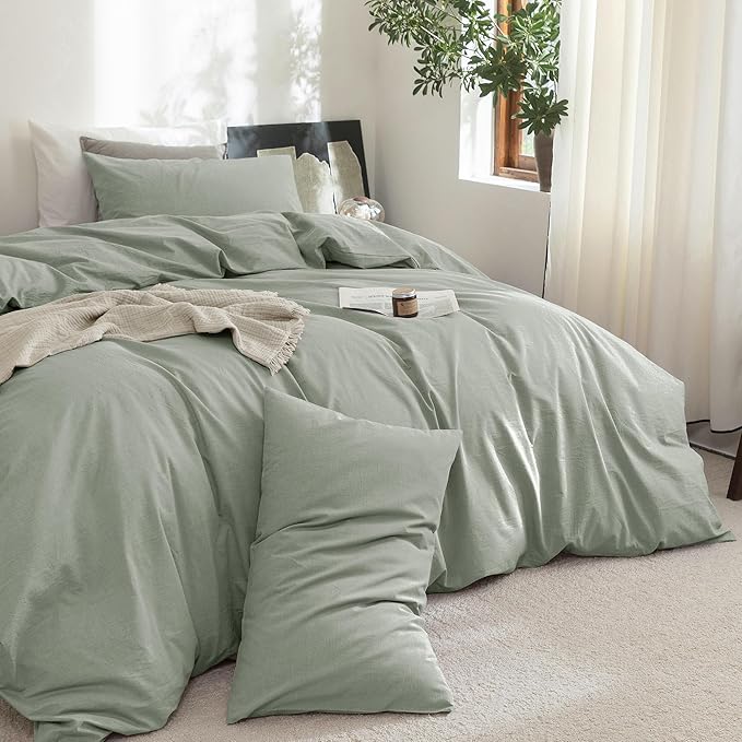 FOSSA Duvet Cover Set 100% Washed Cotton Linen Feel Super Soft Breathable Cozy 3 Pieces Bedding Sets Solid Sage Green King