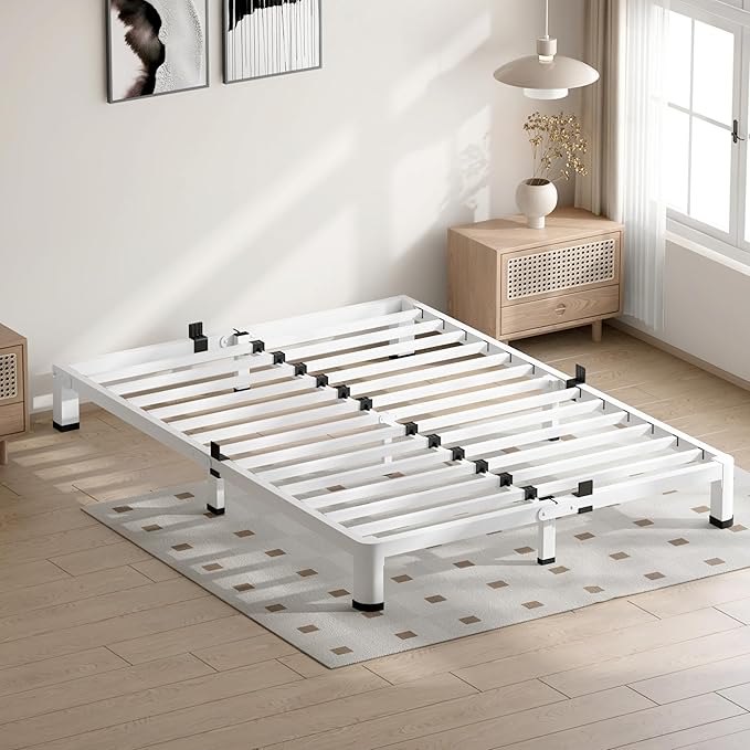 4 Inch White King Size Bed Frame, 3500Lbs Heavy Duty Metal Platform with Round Corner Legs Mattress Slide Stopper, Steel Slat Support No Box Spring Needed, Noise Free, Non-Slip, Easy Assembly