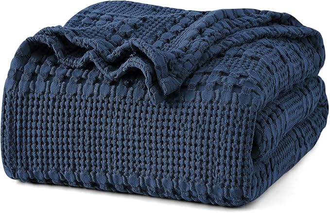 PHF 100% Cotton Waffle Weave Blanket Twin Size for Bed, Soft Lightweight & Breathable, All-Season Comfort, Luxury Aesthetic Woven Bedding for Home Decor, 66"x90", Blue Sapphire