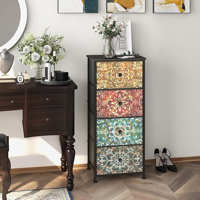 GiftGo Retro Dresser with Fabric Drawers Boho Mandala Flower Chest of Drawers Narrow Storage Tower for Small Spaces Gaps Bedroom Beautiful Nightstand Living Room Table (Mandala, 4 Drawers)