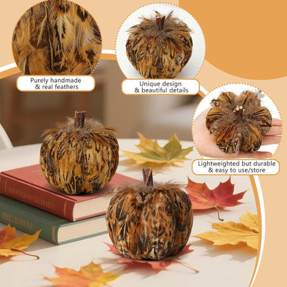 naturevibe 4.3 Inches Elegant Feathered Pumpkin Decor Set of 4 for Thanksgiving Decorations, Natural Feather Pumpkins as Fall Home Decor,Centerpieces for Tables or Autumn Harvest Gifts