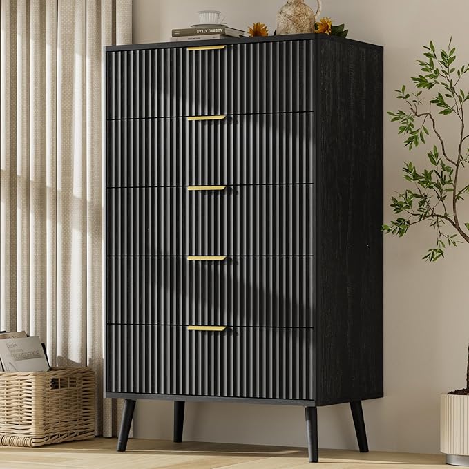 LYNSOM Fluted 5 Drawers Dresser, 45" Tall Modern Chest of Drawers with Curved Profile Design and Metal Handle, Wood Drawer Organizer for Bedroom, Living Room, Hallway, Entryway, Black