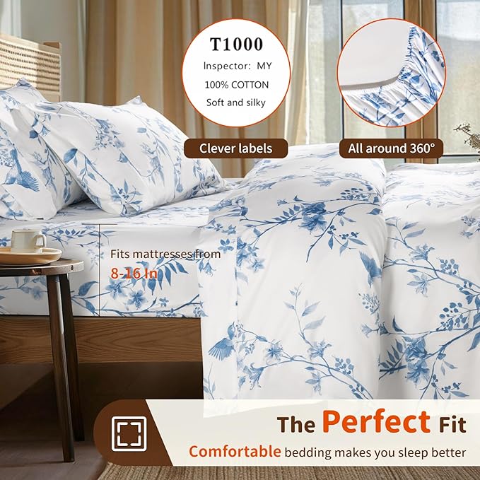 LBRO2M 1000 Thread Count Sheets 100% Egyptian Cotton Bedding Set Floral King Size Sheets 16 Inches Deep Pocket Bedding 4 Piece Sets (King, Blue Bird)