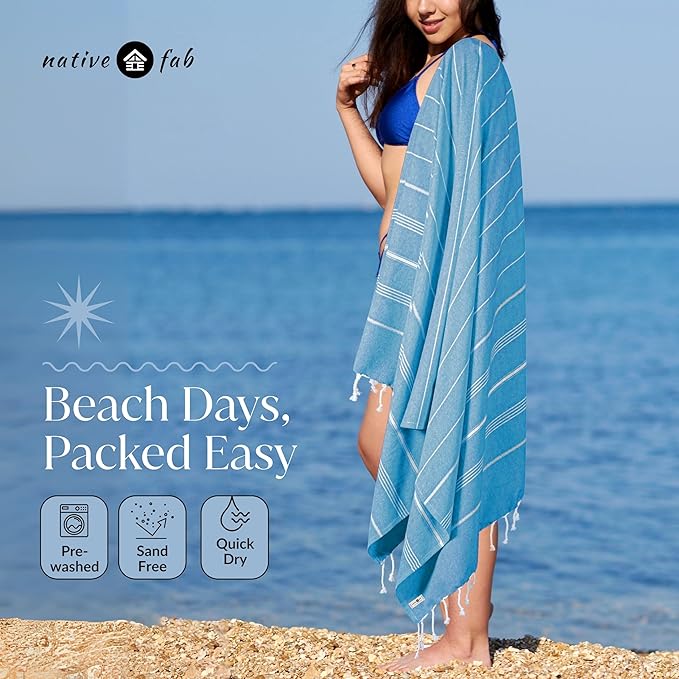 Native Fab Turkish Beach Towels 4 Pack, Oversized 40"x71", Quick Dry, Sand Free, Lightweight, Absorbent, Multipurpose Travel & Pool Towels - Orange, Mustard Yellow, Aqua Green, Turquoise Blue