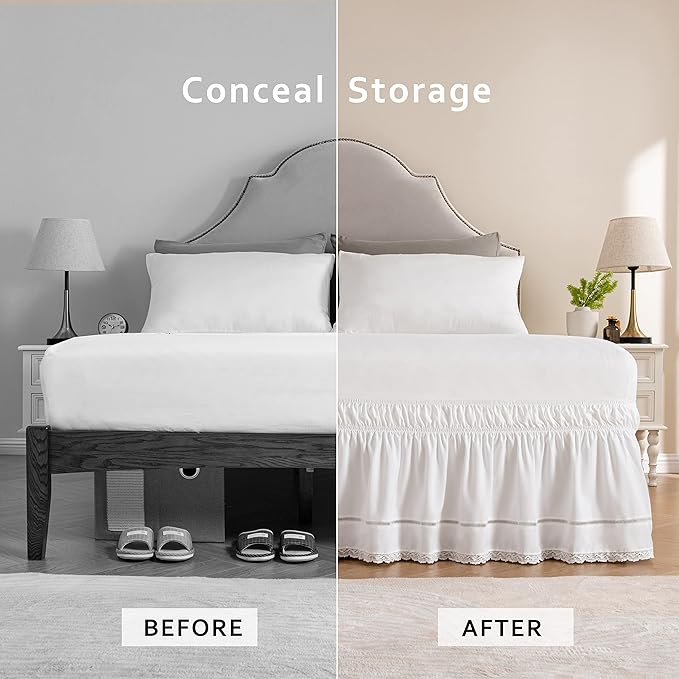 MIYE Wrap Around Ruffled Lace Bed Skirt, Elastic Dust Ruffle with Adjustable Belts,15 Inch Drop Easy to Put On, Bed Frame Cover, Machine Washable (Floral Lace, King/Queen-15)