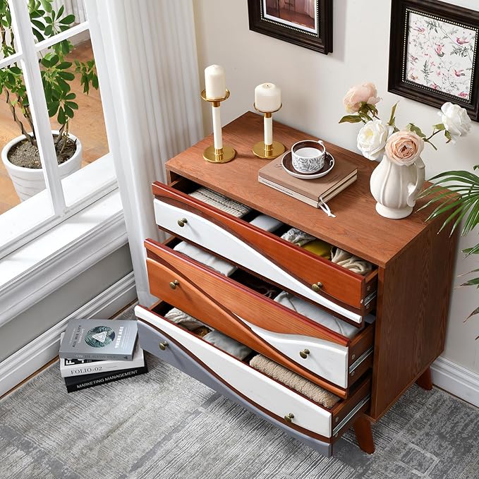 3-Drawer Dresser with Sculpted Wave Fronts, Tri-Color Drawer Design, Modern Chest of Drawers Storage Cabinet for Bedroom, Living Room, Hallway, or Office