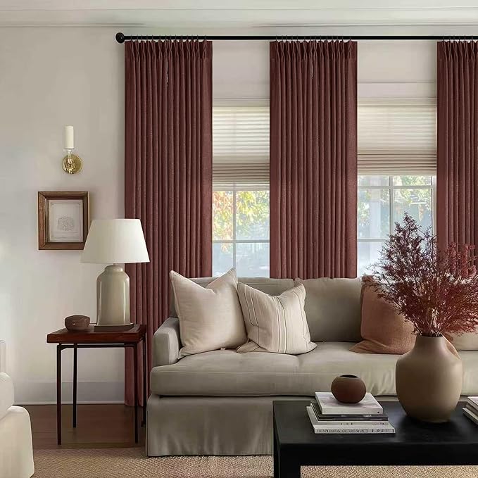 Chestnut Brown 84 Inch Pinch Pleated Linen Curtains 2 Panel Set for Living Room Thick Linen Textured Drapes 84 Inches Long Pinch Pleat Drapes Semi Sheer Curtain for Dining Bedroom Office Rust Maroon