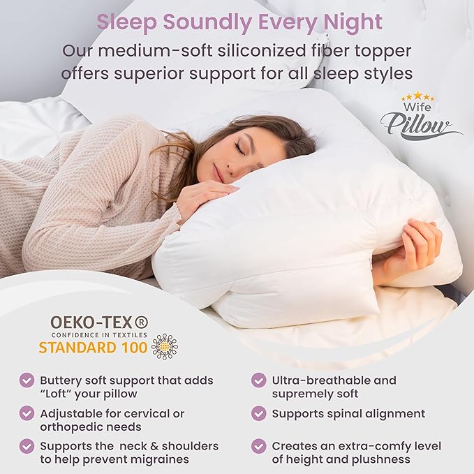 Wife Pillow - Topper, Down Alternative Premium Siliconized Fiberfill - Machine Wash & Dry. Adjustable for Side Sleepers by Zipper Access, Add or Remove Filling for Best Sleeping: Medium Support