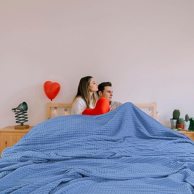 HILLFAIR 100% Cotton Blanket- 120"x120" XXL Oversized King Bed Blankets- Family Size 10 ft x 10 ft Big- Waffle Blankets- All Season Soft Breathable- Extra Large King Cotton Blanket for Bed- Sky Blue