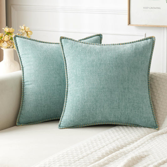 MIULEE Pack of 2 Couch Throw Pillow Covers 18x18 Inch Aqua Green Farmhouse Decorative Pillow Covers with Stitched Edge Soft Chenille Solid Dyed Spring Pillow Covers for Sofa Bed Living Room