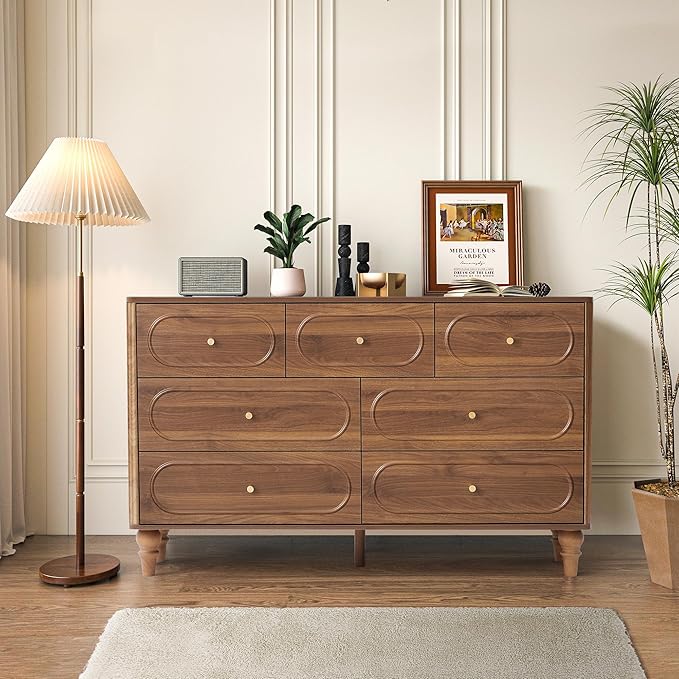 ORRD Fluted 7 Drawer Dresser for Bedroom, Modern Mid Century Chest of Drawers, Wood Storage Large Dresser Organizer for Bedroom Living Room Closet Hallway, Walnut