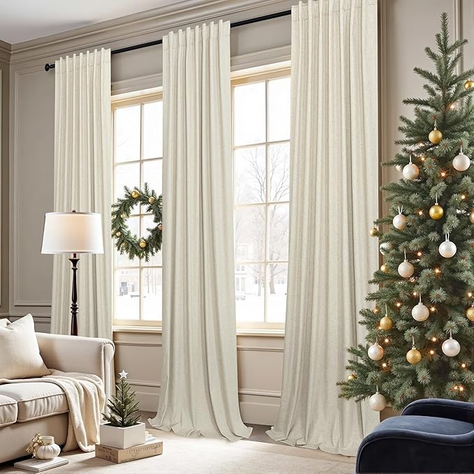 Thick Linen Blackout Curtains 104 Inches Long 2 Panel Set Custom Length Decorative Black Out Heat Draft Blocking Neutral Burlap Large Window Drape for Home Office Living Room Dining Area Bedroom Beige