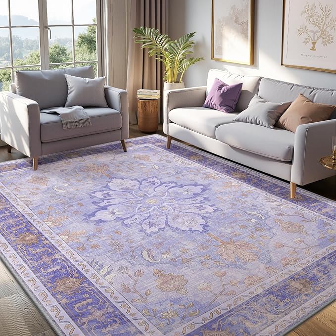 Area Rugs 5'x7' Washable Non-Slip, Floral Vintage Distress Print Pattern Medallion Carpet for Living Room Bedroom Dining Room, Light Purple Brown