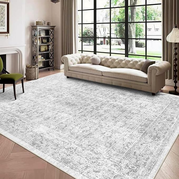 vivorug 5x7 Area Rugs - Ultra-Thin Washable Rug with Non-Slip Backing, Ideal for Living Room, Bedroom, Dining Room Indoor - Vintage, Easy Clean, Durable, Low Pile Rug Grey
