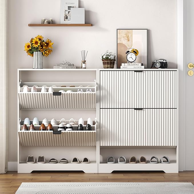 Shoe Cabinet Storage for Entryway with 2 Flip Drawers, White Fluted Shoe Cabinet with Open Storage, Wooden Hidden Shoe Rack Freestanding Narrow Slim Shoes Organizer for Hallway, Entrance