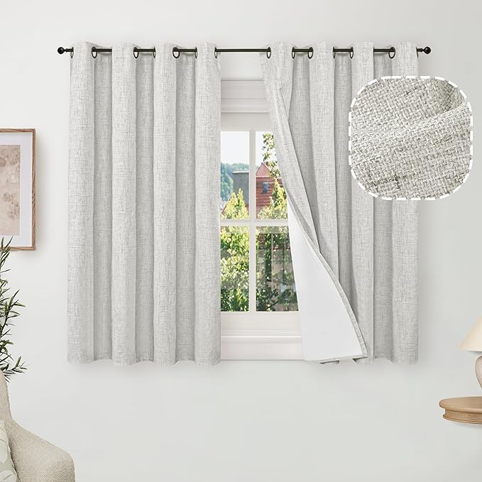 Short Blackout Curtains 45 Inch Length 2 Panels, Thermal Insulated Total Light Blocking Linen Window Curtains for Farmhouse Bedroom Basement, Bronze Grommet, Light Grey, Each 52" Wide