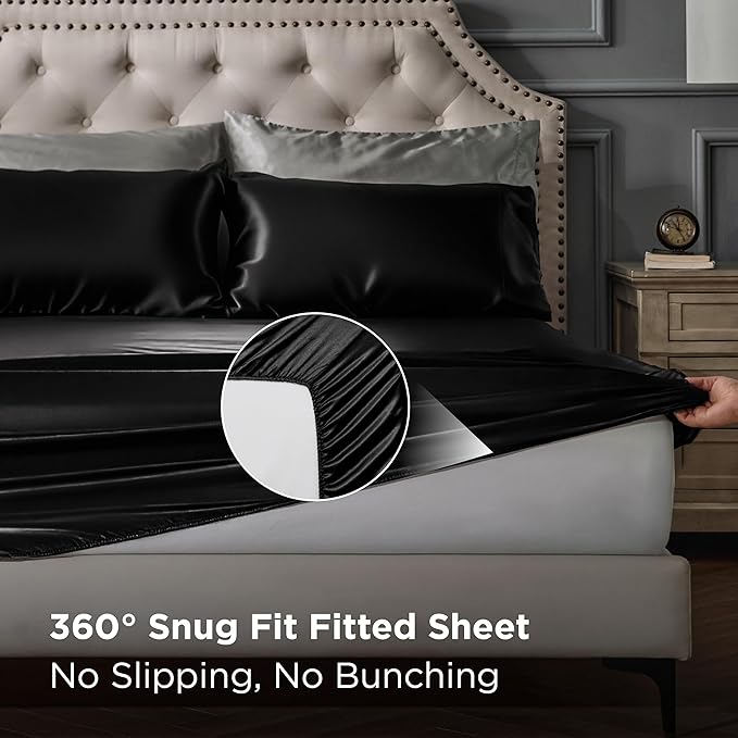 Bedsure Black Satin Sheets King Size - 4 Piece Silky Bedsheets with 15 Inches Deep Pocket Fitted Bedsheet,1 Flat Sheet, 2 Satin Pillowcases, Good for Hair & Skin (King, Black)