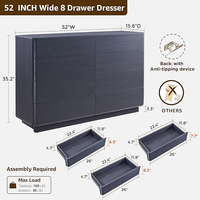 ACCOHOHO 8 Drawer Dresser for Bedroom, 52 Inch Wide Modern Chest of Drawers, Push-to-Open Wood Storgae Organizer with Large Drawers for Bedroom, Living Room, Hallway, Black