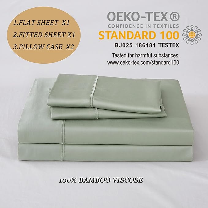 Linen World Cooling Bed Sheets Set Full Size,100% Organically Grown Viscose Sheets,Deep Pocket Up to 16",4 Pieces Silky Soft,Breathable Bedding Sheets & Pillowcases(Sage Green,Full)