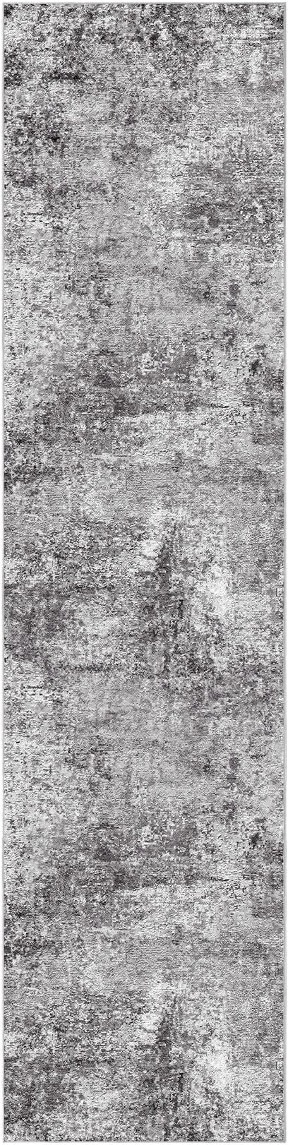 Washable Runner Rug for Hallway: 2.6x12 Neutral Modern Abstract Low Pile Area Rug with Non-Slip Backing - Carpet for Bedroom Kitchen Laundry Entryway Bathroom Indoor - Grey