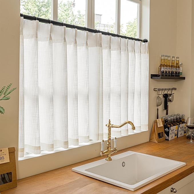 Pinch Pleated Linen 36 Inch Length Kitchen Curtains 2 Panels Set Privacy Light Filtering Semi Sheer Boho Small Curtains Bathroom Window Neutral Sheer Short Cream Ivory Drapes for Front Door RV Camper