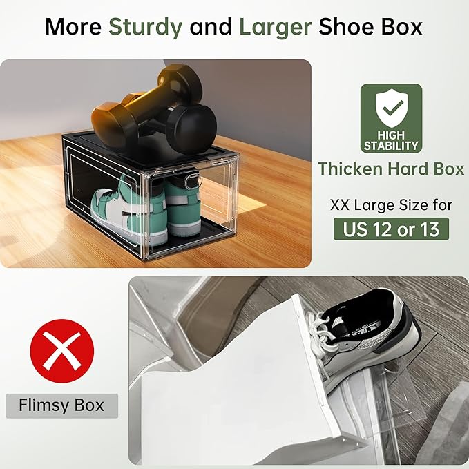 Thicken Hard Clear Shoe Storage Organizer for Closet, 10 Pack Modular Plastic Stackable Shoe Storage Box Organizer, Shoe Sneaker Rack Display Case Containers Bins with Lids, Black Clear