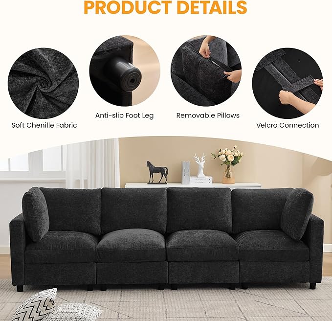 89'' Modular Sectional Cloud Sofa Bed, 6-Seater Convertible Sofa Couch with Ottoman, Modern Deep Seat Sleeper Sofa for Living Room, Chenille Dark Grey