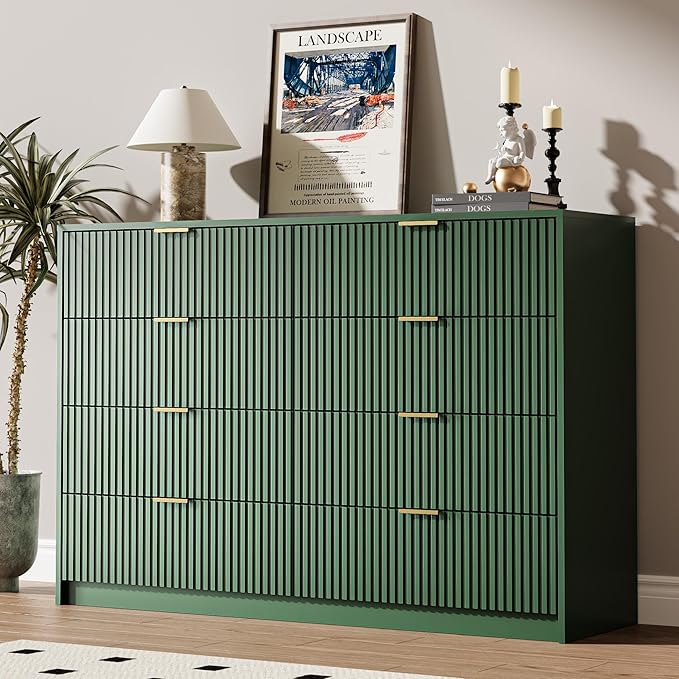 Green Dresser for Bedroom, 8 Drawer Double Dresser, Modern Chest of Drawers for Bedroom, Living Room, Entryway and Closet, 55" L x 15.7" D x 37.4" H