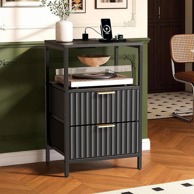 VINGLI Black Nightstand with Charging Station, Fluted Night Stand with Drawers Fabric, Bed Side Table/Night Stand with Charging Station for Bedroom, Dorm, 14.96" W*11.81" D*23.78" H