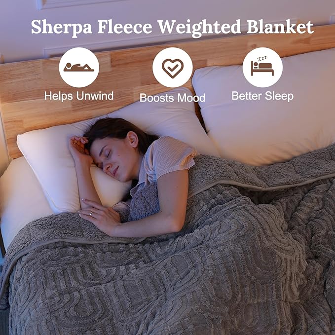 Sherpa Fleece Adult Weighted Blanket Great for Sleep, 15 lbs Dual Sided Soft Fuzzy Heavy Blankets for Couch Bed Sofa, Cozy Warm Fluffy Arched Jacquard Throw for Winter (Grey, 48" x 72", 15 Pounds)
