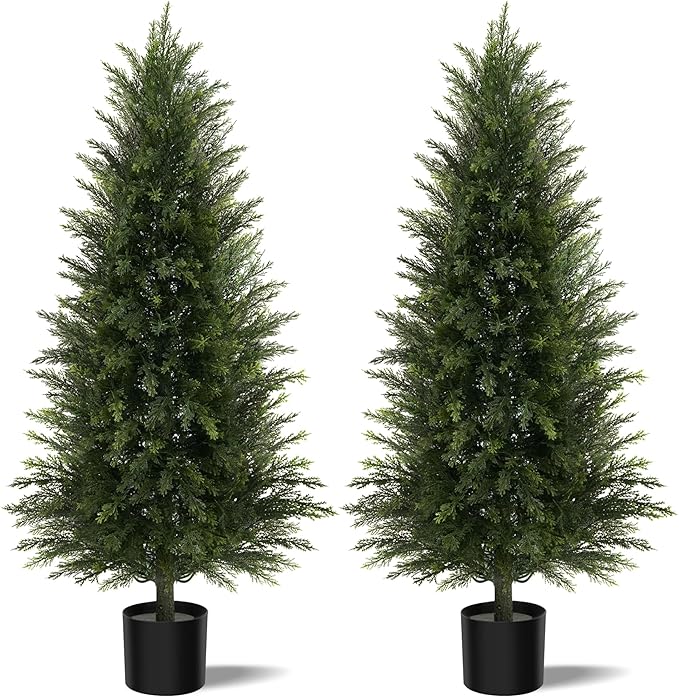 Artificial Topiary Ball Tree, Indoor Realistic Faux Boxwood Bush Potted Plants, Outdoor Fake Shrubs Cedar Evergreen Plants for Home Living Room Front Porch Decor (2, 5ft)