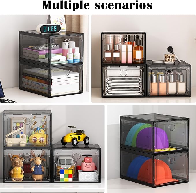 6 Pack Upgrade Harder Shoe Organizer, Shoe Storage with Magnetic Front Door, Clear Shoe Boxes Foldable Space-Saving Shoe Rack for Sneaker Boot Container, Black