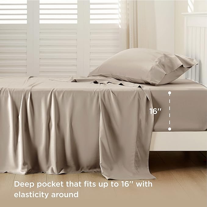 Bedsure Cooling Sheets Twin, Rayon Derived from Bamboo, Breathable & Soft Twin Sheets Set, Deep Pocket Up to 16 Inches, Hotel Luxury Silky Bedding for Hot Sleepers, Simply Taupe