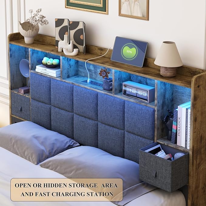 LED Bed Frame Full Size with Bookshelf Headboard, 2 Hidden Storage Drawers, Upholstered Platform Metal Bed Frame with Charging Station, Metal Slats Support, Noise Free, No Box Spring Needed