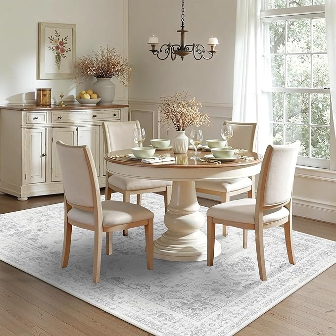 5x7 Vintage Washable Area Rugs Boho Medallion Large Distressed Retro Accent Carpet Floral Non-Slip Soft Low Pile Indoor Throw Rug for Living Room Bedroom Dining Room Office Kitchen, Gray