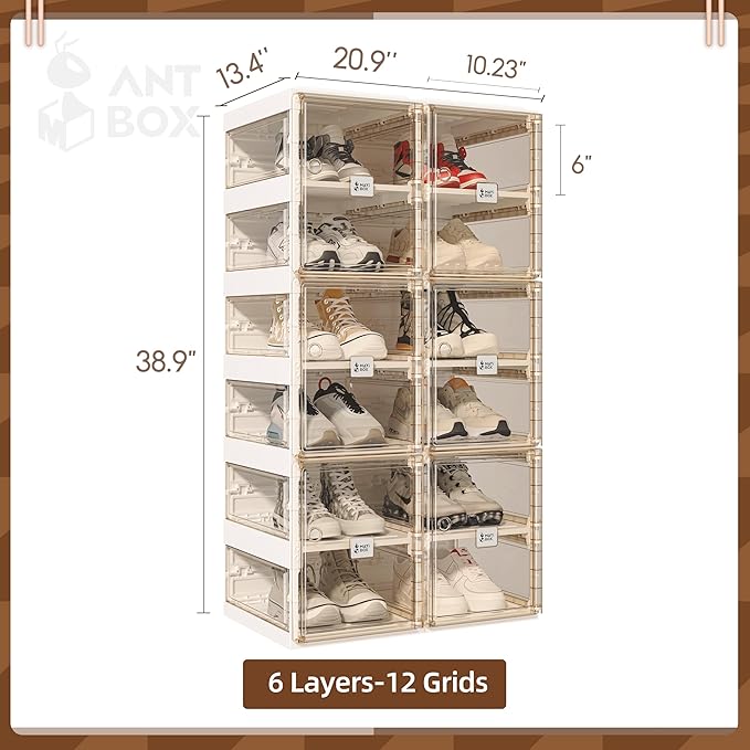 ANTBOX Foldable Shoe Rack,Shoe Organizers for Closet Plastic Shoe Storage Box For Entryway,Living Room,Large Sturdy Stackable Sneaker Cabinet Bins With Magnetic Clear Door 6 Tiers 12 Pairs