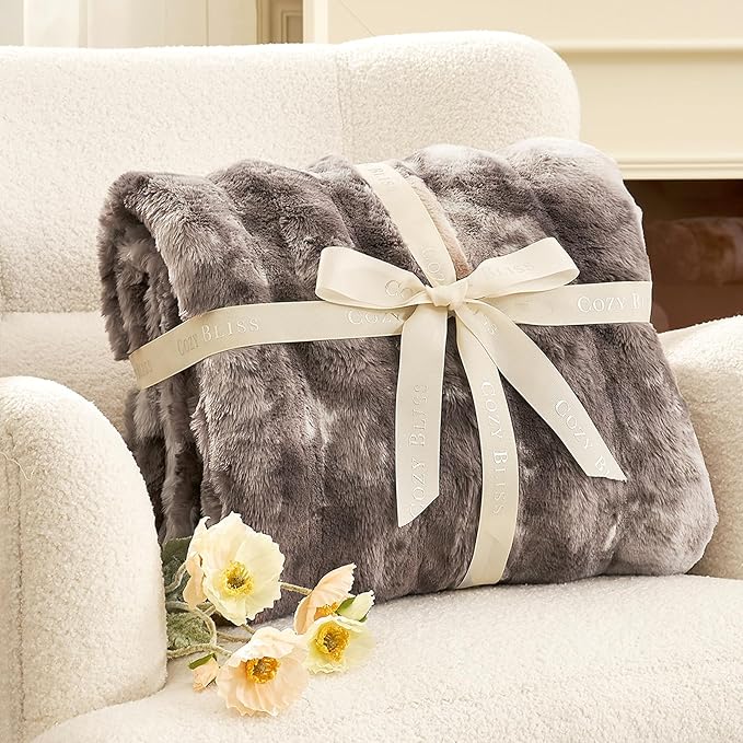 Cozy Bliss Faux Fur Throw Blanket for Couch, Fuzzy Soft Plush Thick Striped Blanket for Sofa Bedroom Living Room, 60 * 80 Inches Tie-dye Grey