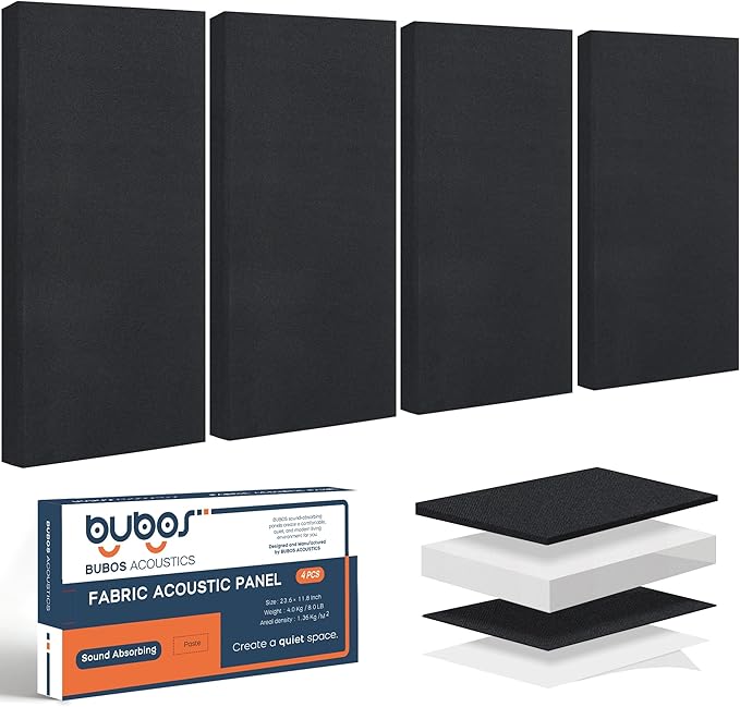 BUBOS 4 PCS Fabric Acoustic Panels,23.6''x11.8''x2'' Sound Proof Panels for Walls,Self-adhesive Soundproof Wall Panels for Echo Absorption for Home Studio Office,Standard CavityPro Black