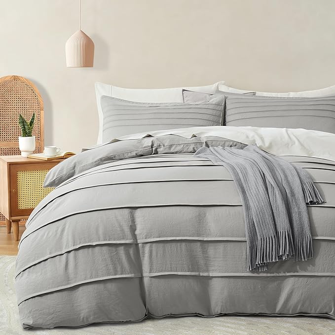 Oli Anderson Light Grey Duvet Cover King Size - Pleated King Duvet Cover, 3PCS Soft and Breathable Textured Bedding Set with Zipper Closure(Light Grey,104"x90")