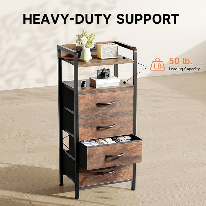Night Stand Bedside Table Bedroom - Tall Nightstand with Charging Station & LED Light Strip, Bed Side Table with Storage Shelf & 4 Drawers, End Table with U-S-B Ports & AC Outlets, Brown