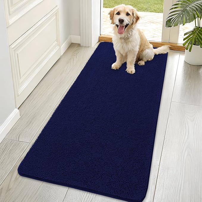 OLANLY Dog Door Mat for Muddy Paws 70x35, Absorbs Moisture and Dirt, Absorbent Non-Slip Washable Doormat, Quick Dry Chenille Mud Mat for Dogs, Entry Indoor Entryway Carpet for Inside Floor, Navy Blue