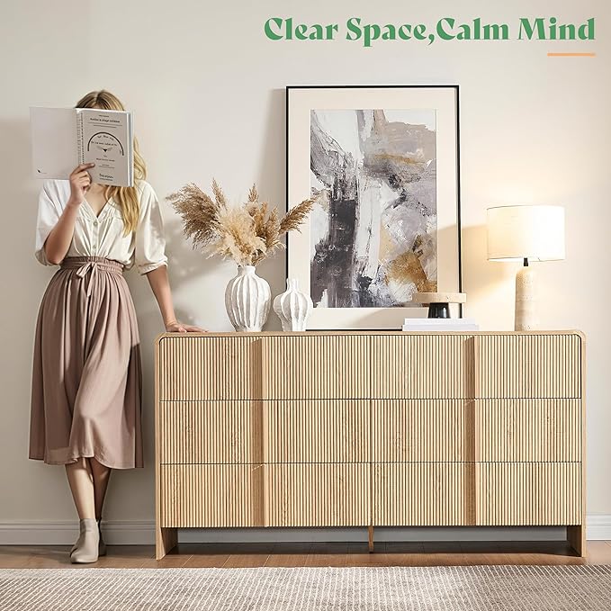 AMERLIFE 63" Fluted 6 Drawer Dresser, Long Modern Chest of Storage Drawers with Pine Handles, Rounded Corners & Anti-Tip Design, Wood Closet Organizer for Bedroom, Living Room, Nursery, Natural Oak